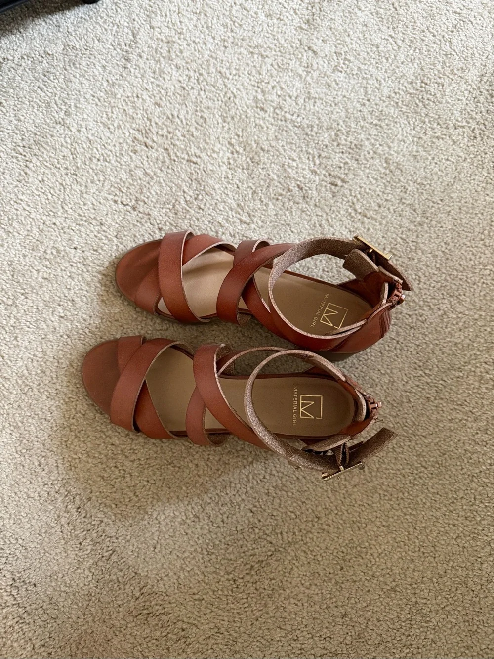 Material Girl Cognac Brown Strappy Block Heel Sandals